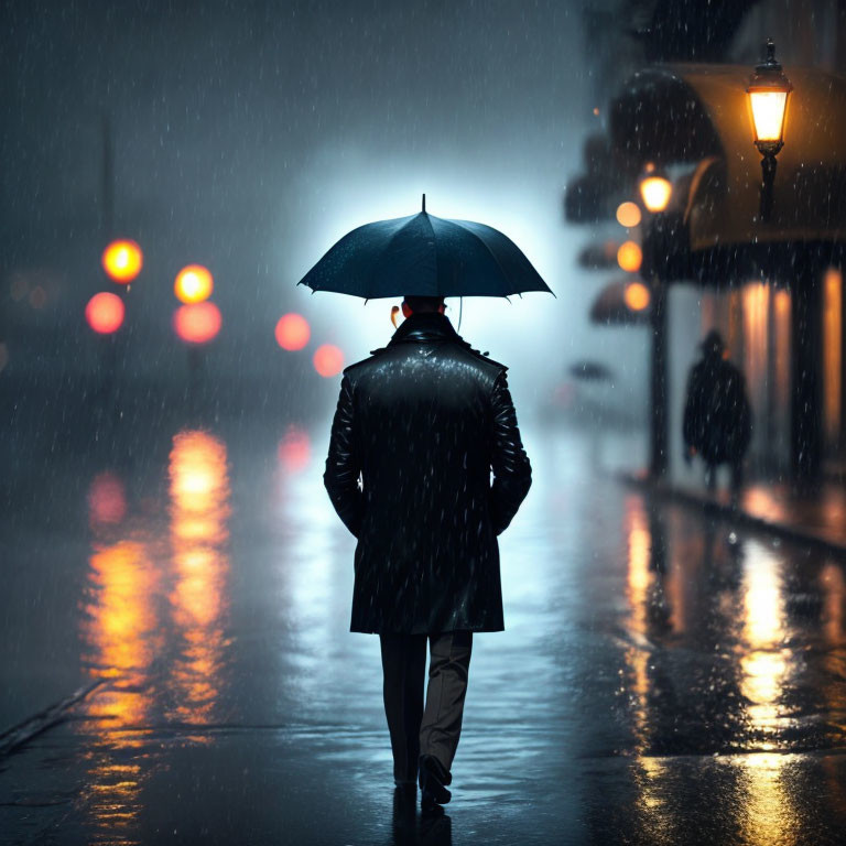 A man walk on the street in a rainy night