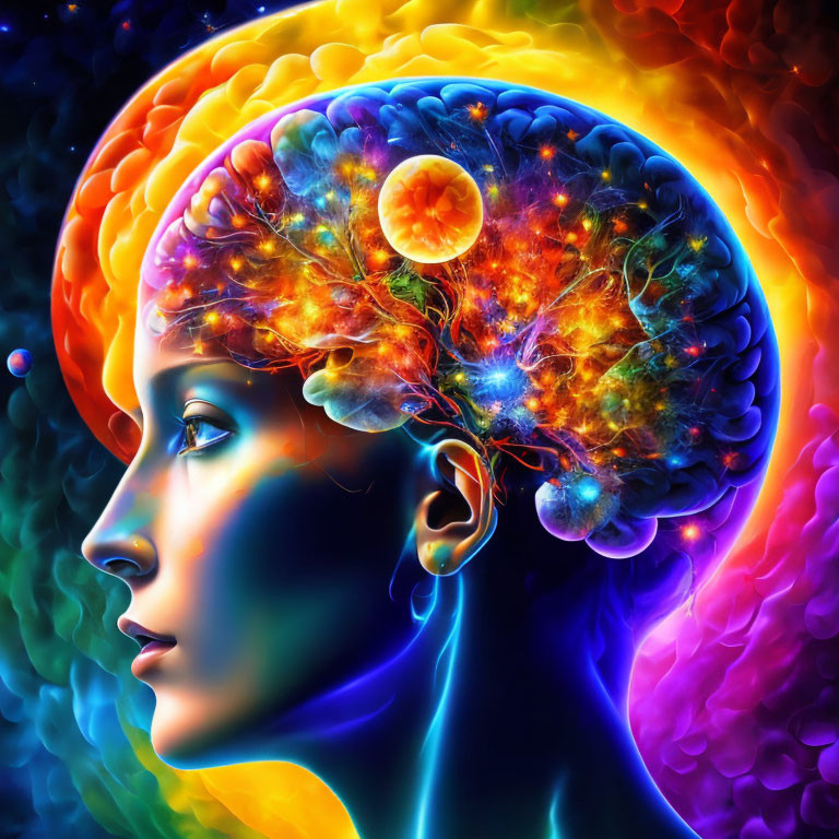 Colorful Cosmic Brain Artwork Featuring Woman's Profile