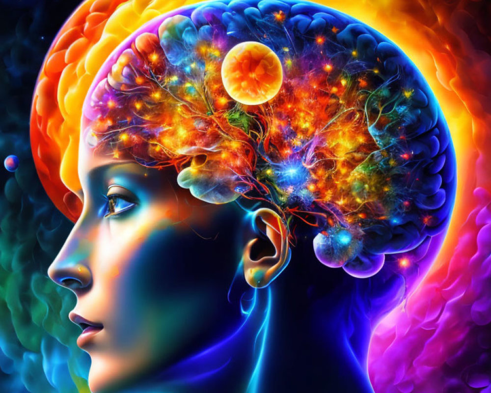 Colorful Cosmic Brain Artwork Featuring Woman's Profile