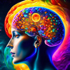 Colorful Cosmic Brain Artwork Featuring Woman's Profile