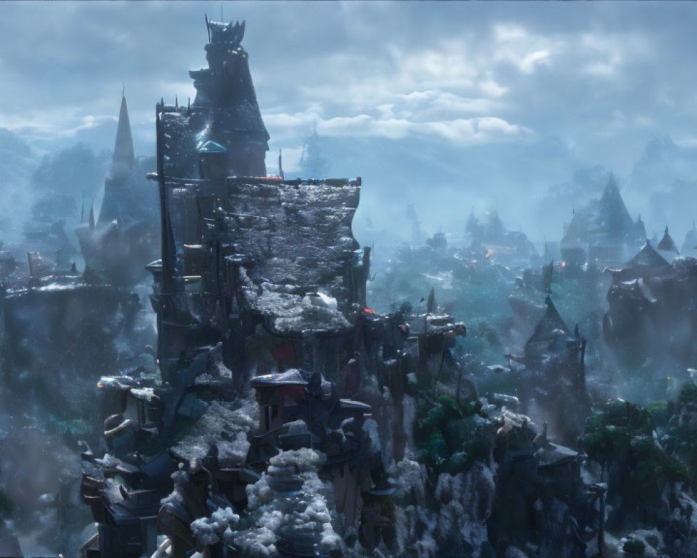 Misty mountain landscape with dark fantasy castle amid rugged terrain