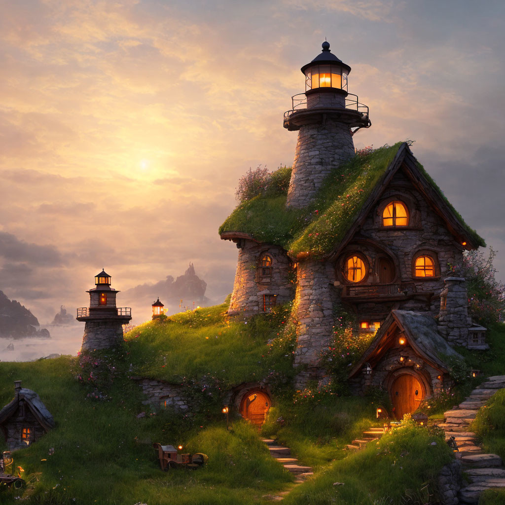 Stone lighthouse with thatched roof in fairy-tale setting at sunset