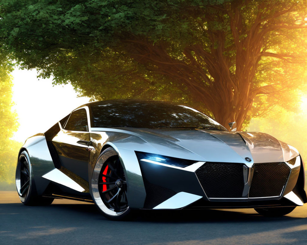 Black and Silver Sports Car on Asphalt Road with Sunlight and Trees