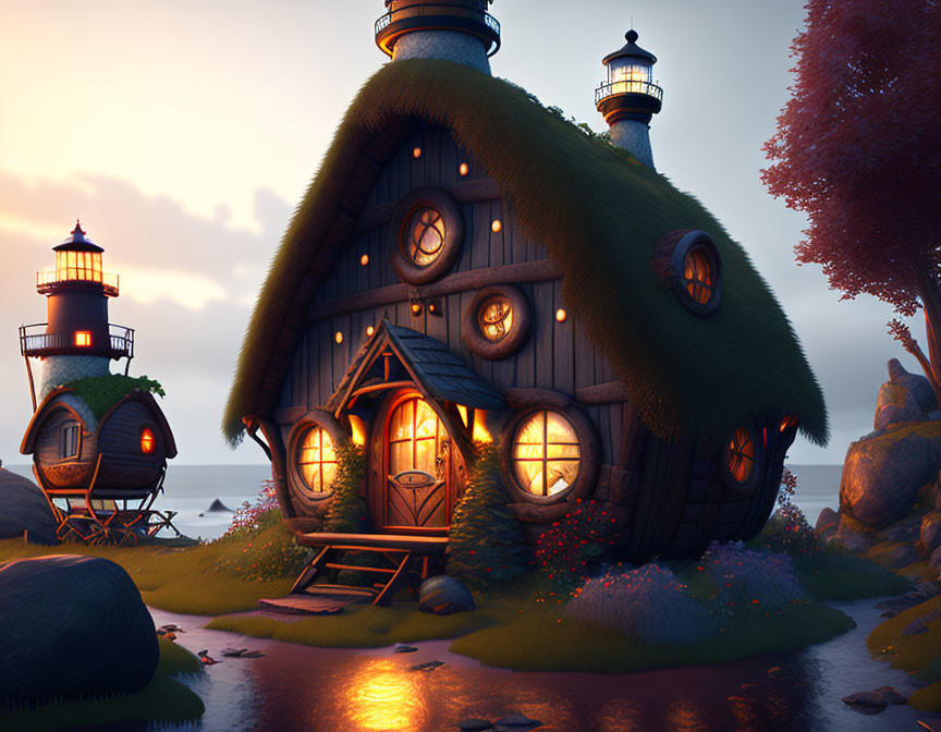 Whimsical house with mossy roof and lighthouses by the sea at twilight