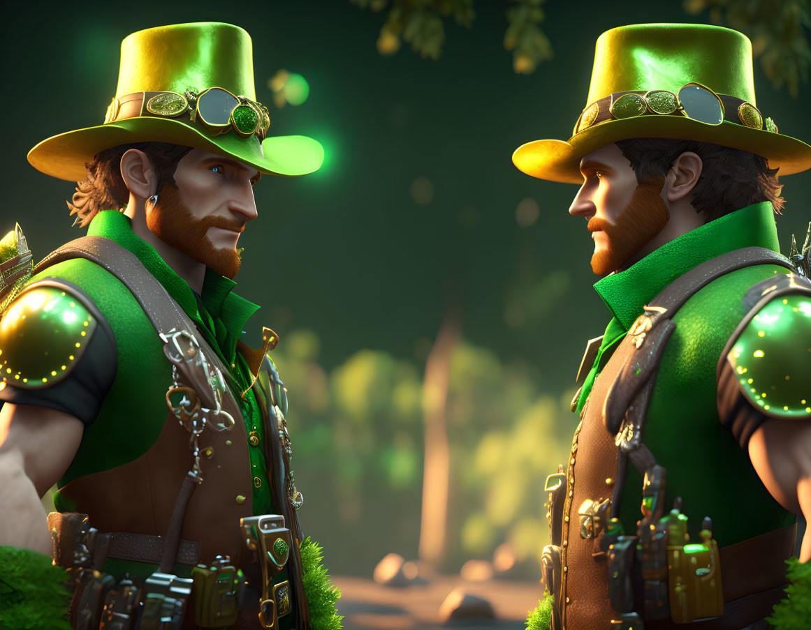 Festive green outfits and top hats in forest setting