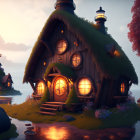 Whimsical house with mossy roof and lighthouses by the sea at twilight