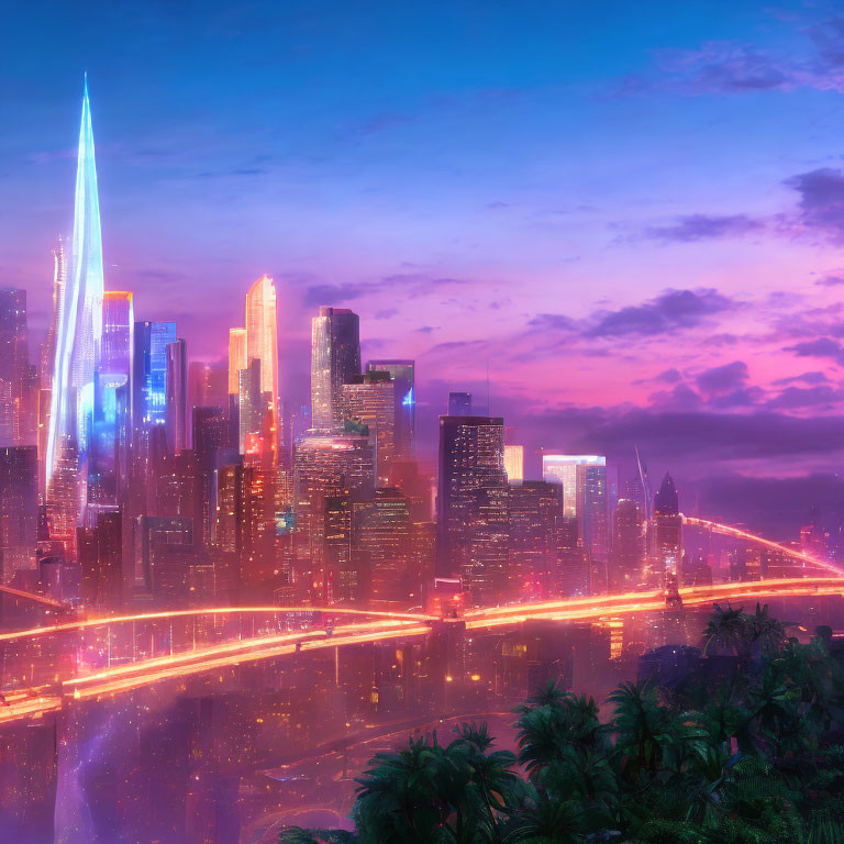 Futuristic cityscape at dawn: neon lights, skyscrapers, bridge, purple sky,