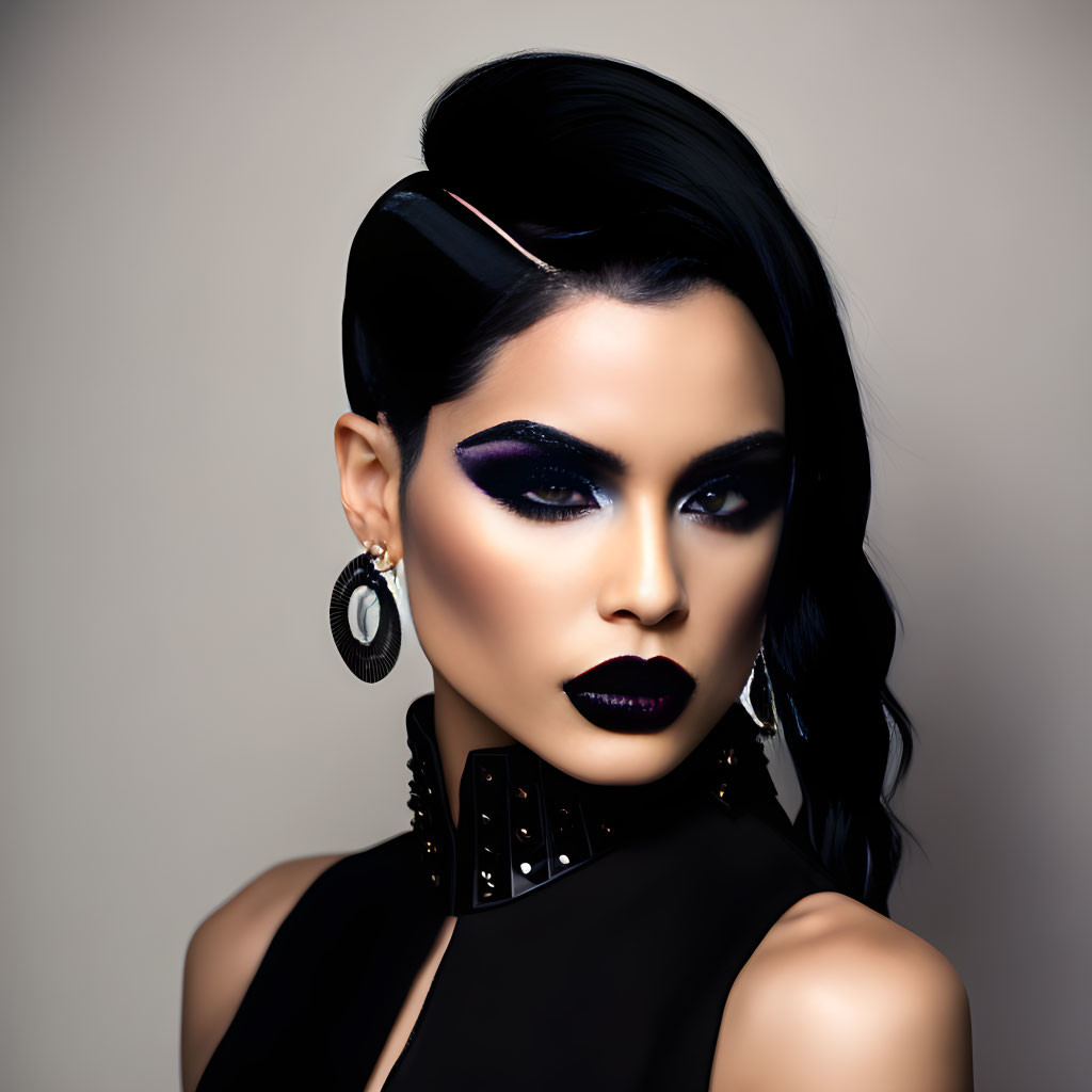 Woman with bold dark lipstick and vibrant purple eyeshadow, large hoop earrings, choker, and