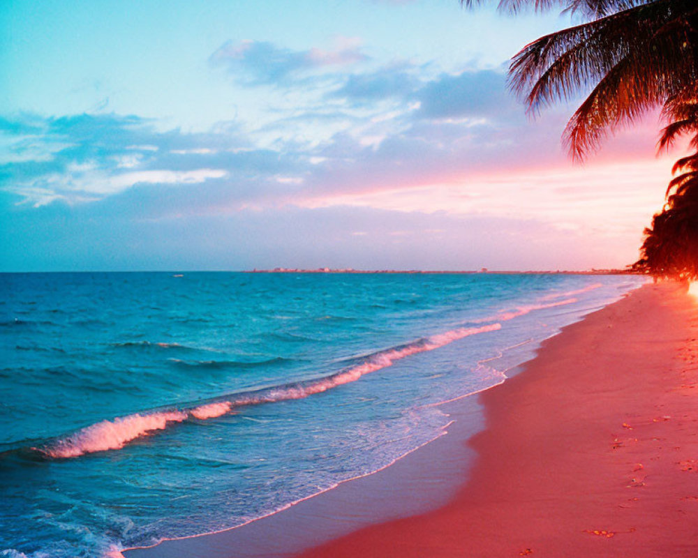 Tranquil Tropical Beach Sunset with Pink and Blue Sky