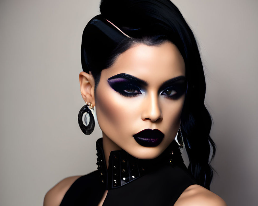 Woman with bold dark lipstick and vibrant purple eyeshadow, large hoop earrings, choker, and