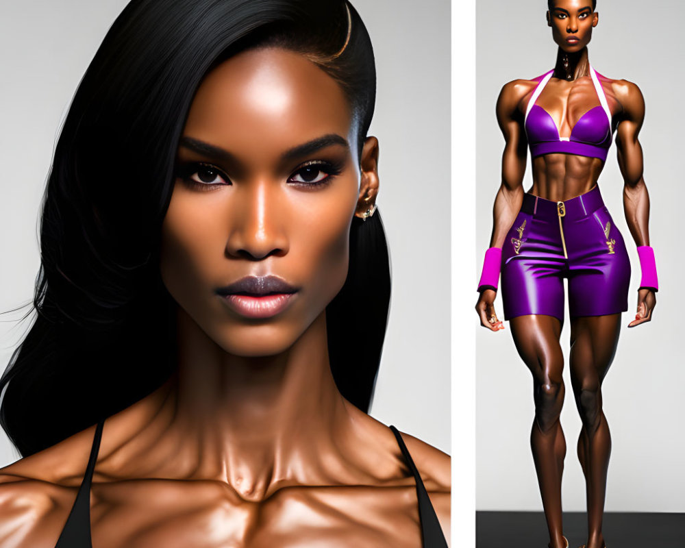 Dark-skinned model in purple sports outfit and high heels on grey background