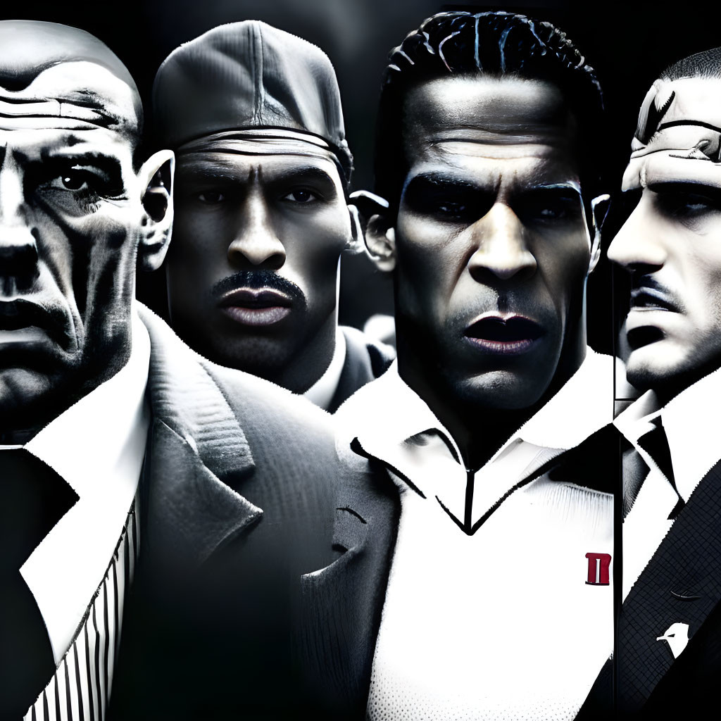 Stylized male faces in suits and athletic gear on dark background