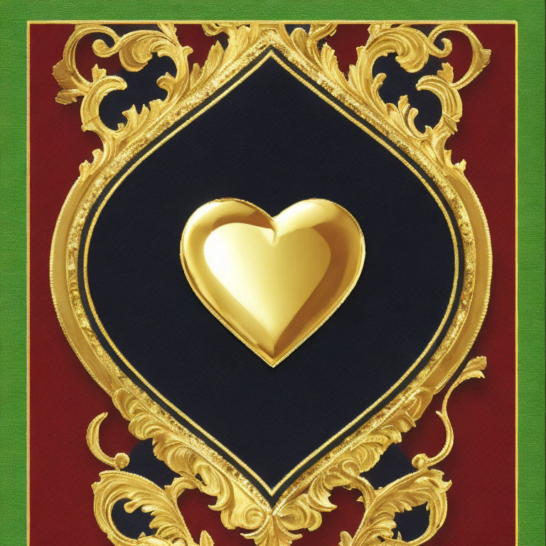 Golden Heart on Black Shield with Green and Red Background and Decorative Border