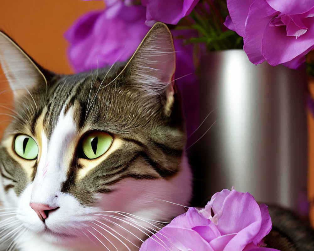 Tabby Cat with Green Eyes Beside Purple Flowers on Orange Background