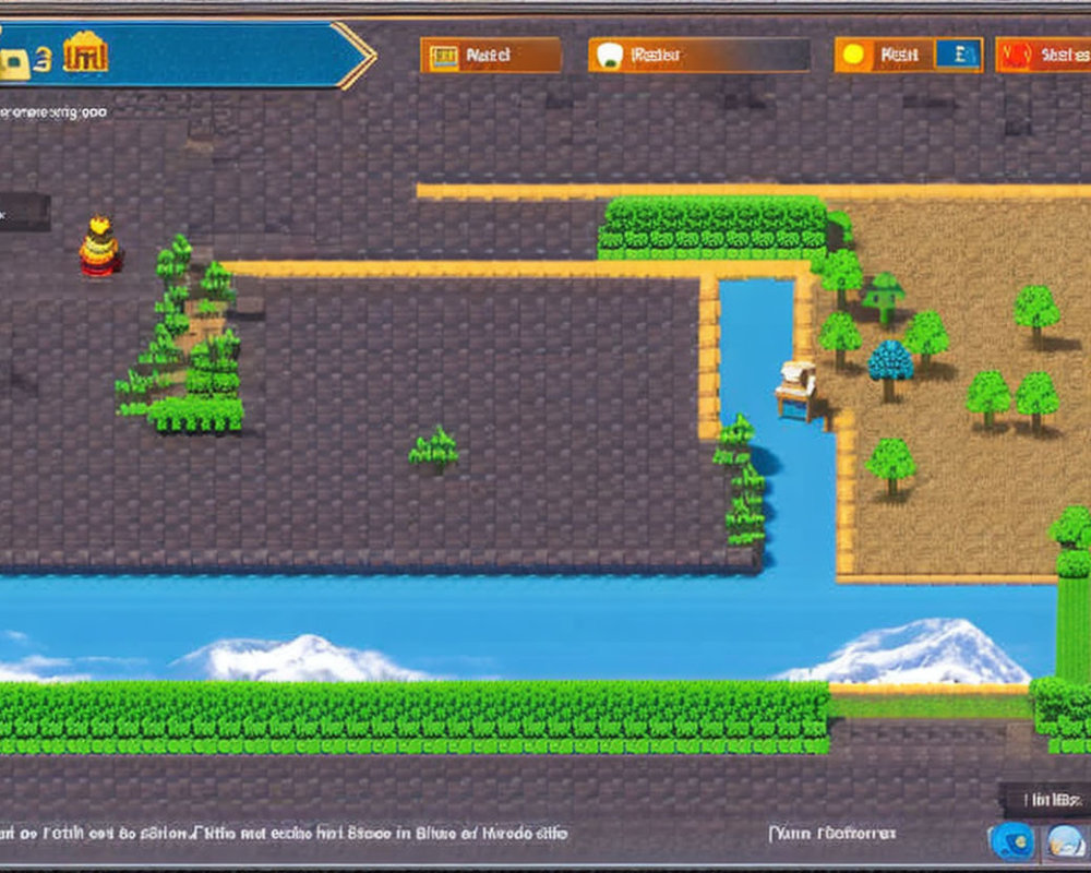 Vibrant 2D Farming Video Game Screen with Crops, Trees, Water Canal,