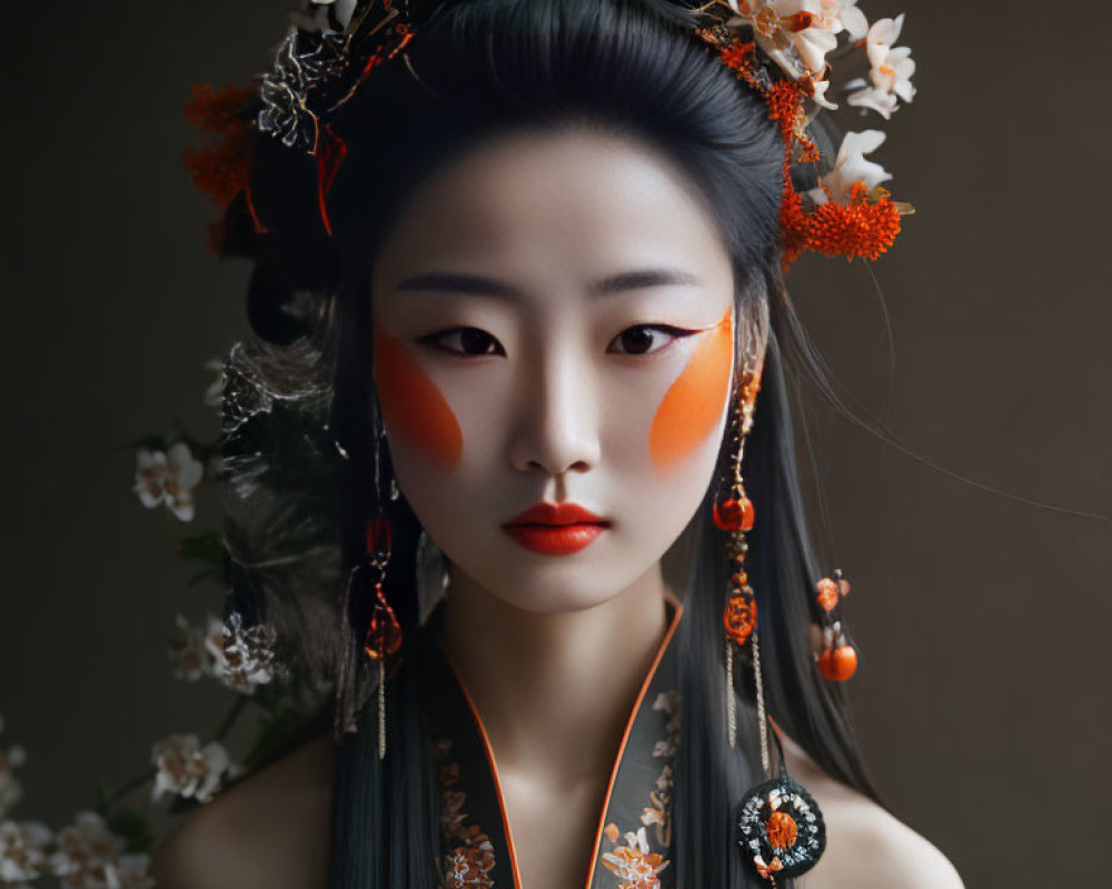 Traditional East Asian makeup and headdress portrait with floral adornments and long earrings on dark background