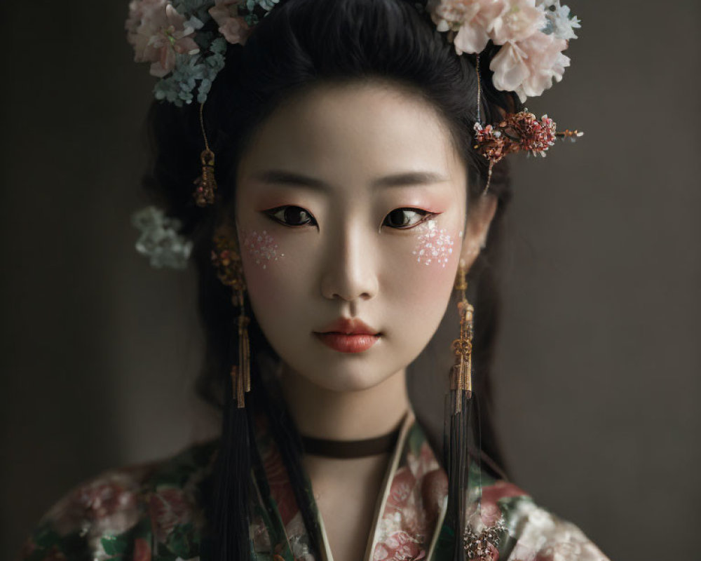 Traditional Asian attire woman with floral hair accessories and dramatic makeup