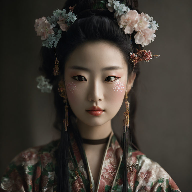 Traditional Asian attire woman with floral hair accessories and dramatic makeup