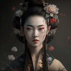 Traditional Asian attire woman with floral hair accessories and dramatic makeup