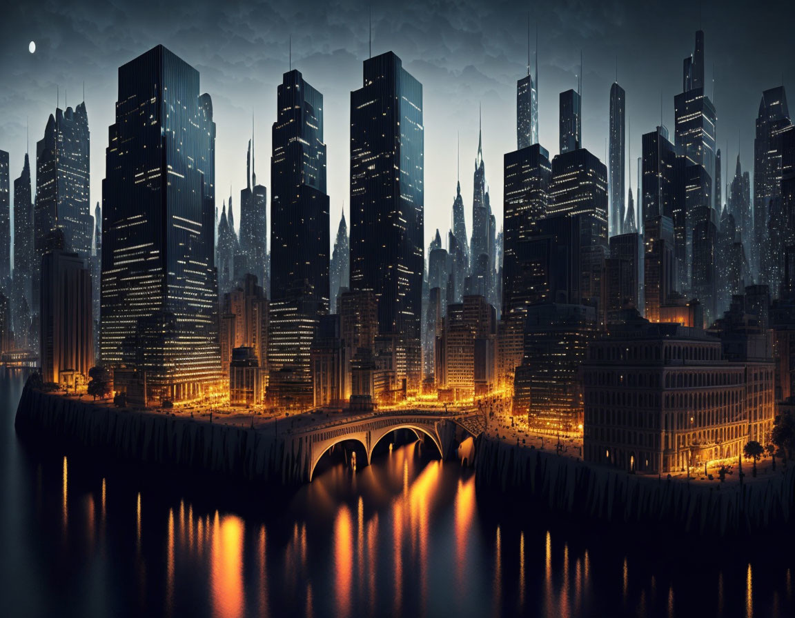 Nighttime futuristic cityscape with illuminated skyscrapers, bridge, and moody sky