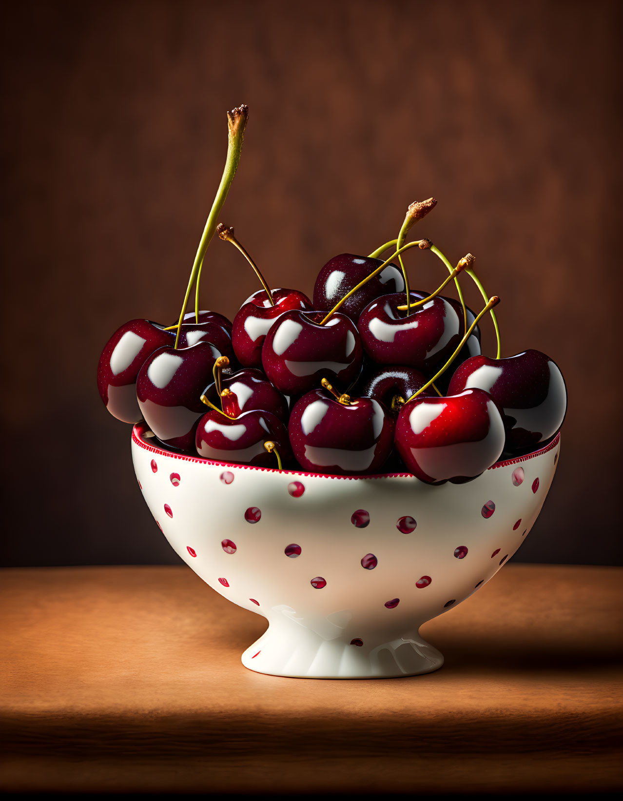 Polka Dot Pattern Bowl with Ripe Cherries on Brown Background