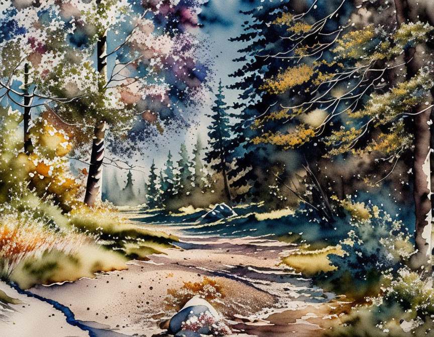 Colorful Watercolor Painting of Autumn Forest Path