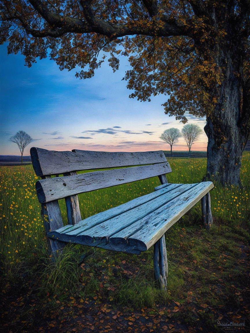 Rustic wooden bench in serene field with yellow flowers and twilight sky