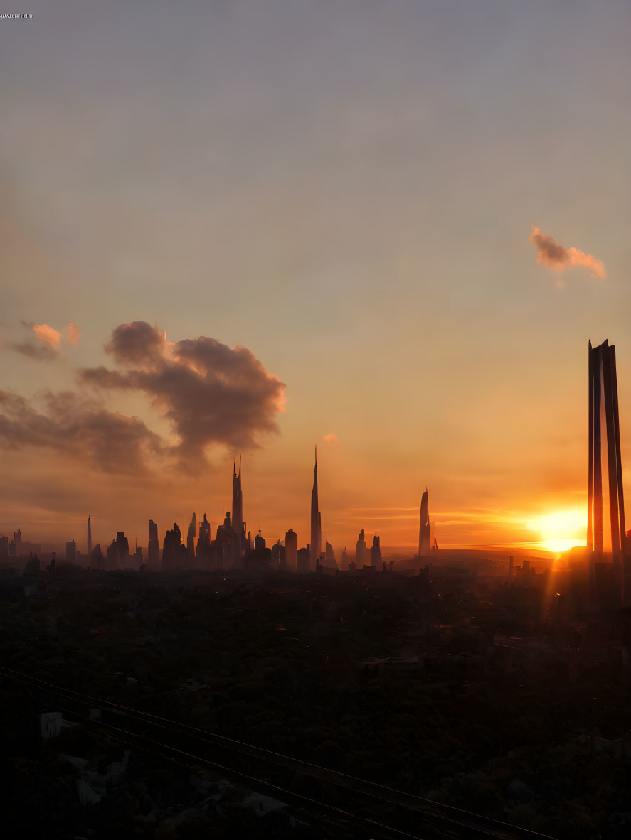 Futuristic city skyline silhouette at golden sunrise.