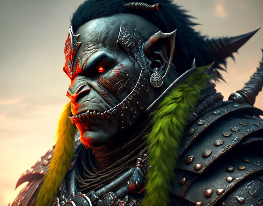 Detailed close-up of a fierce green-skinned orc with tusks, red nose, and spiked metal