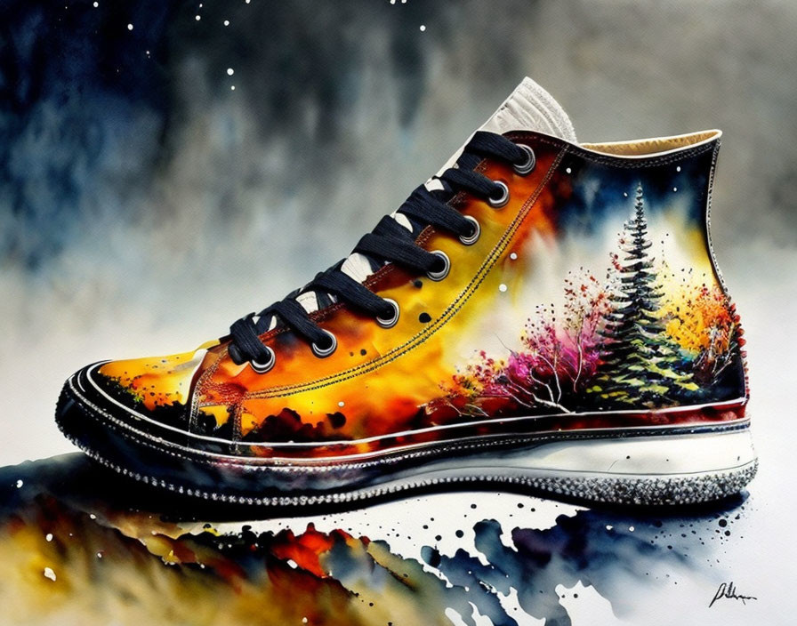 Colorful Watercolor Painting of Shoe with Forest and Mountain Landscape