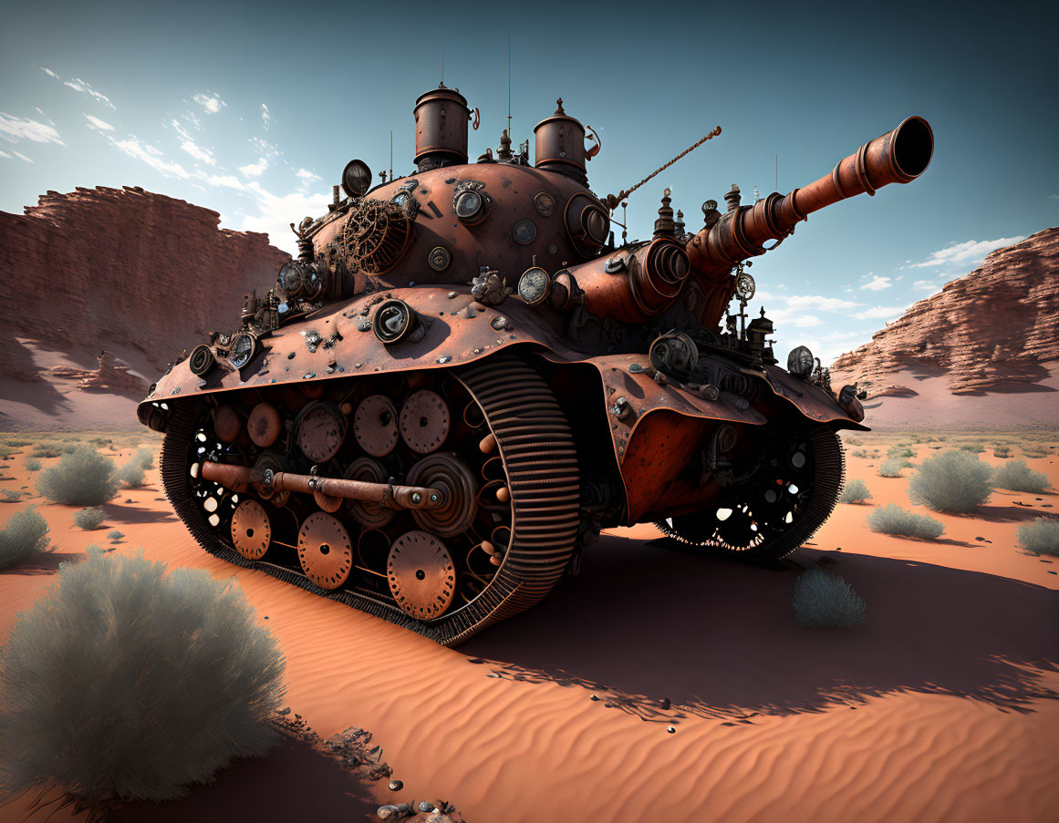 Armored futuristic tank with multiple barrels in desert landscape