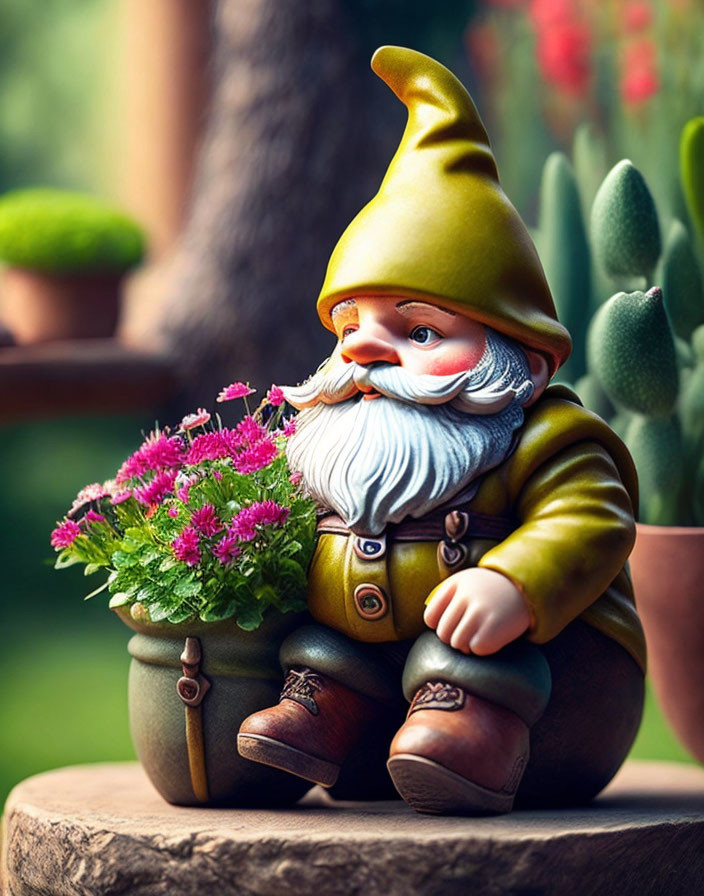 Colorful garden gnome figurine with pink flowers in blurred garden setting