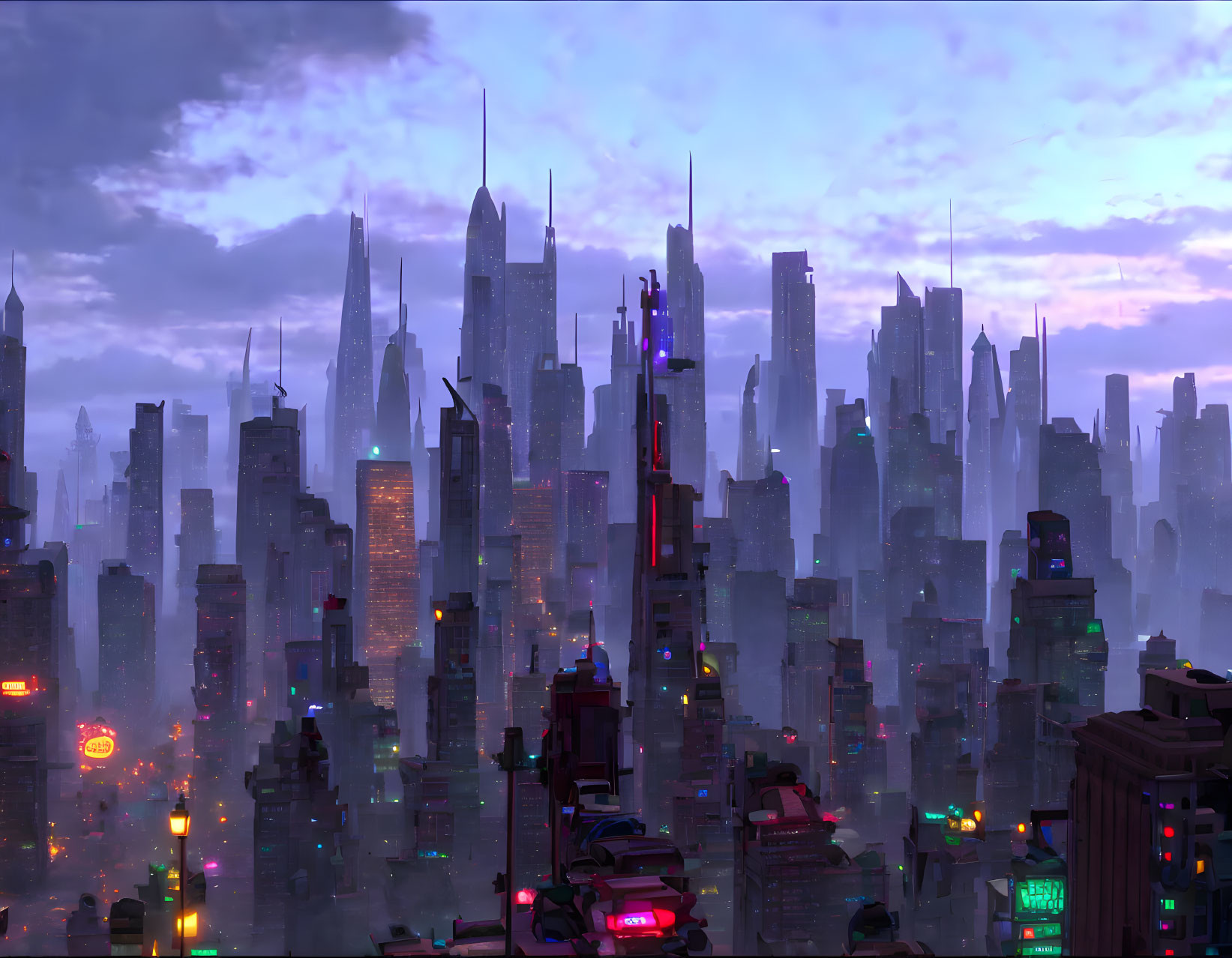 Futuristic cityscape with towering skyscrapers and neon lights