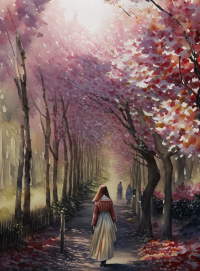 Woman walking down tree-lined path with pink blossoming trees and figure in distance