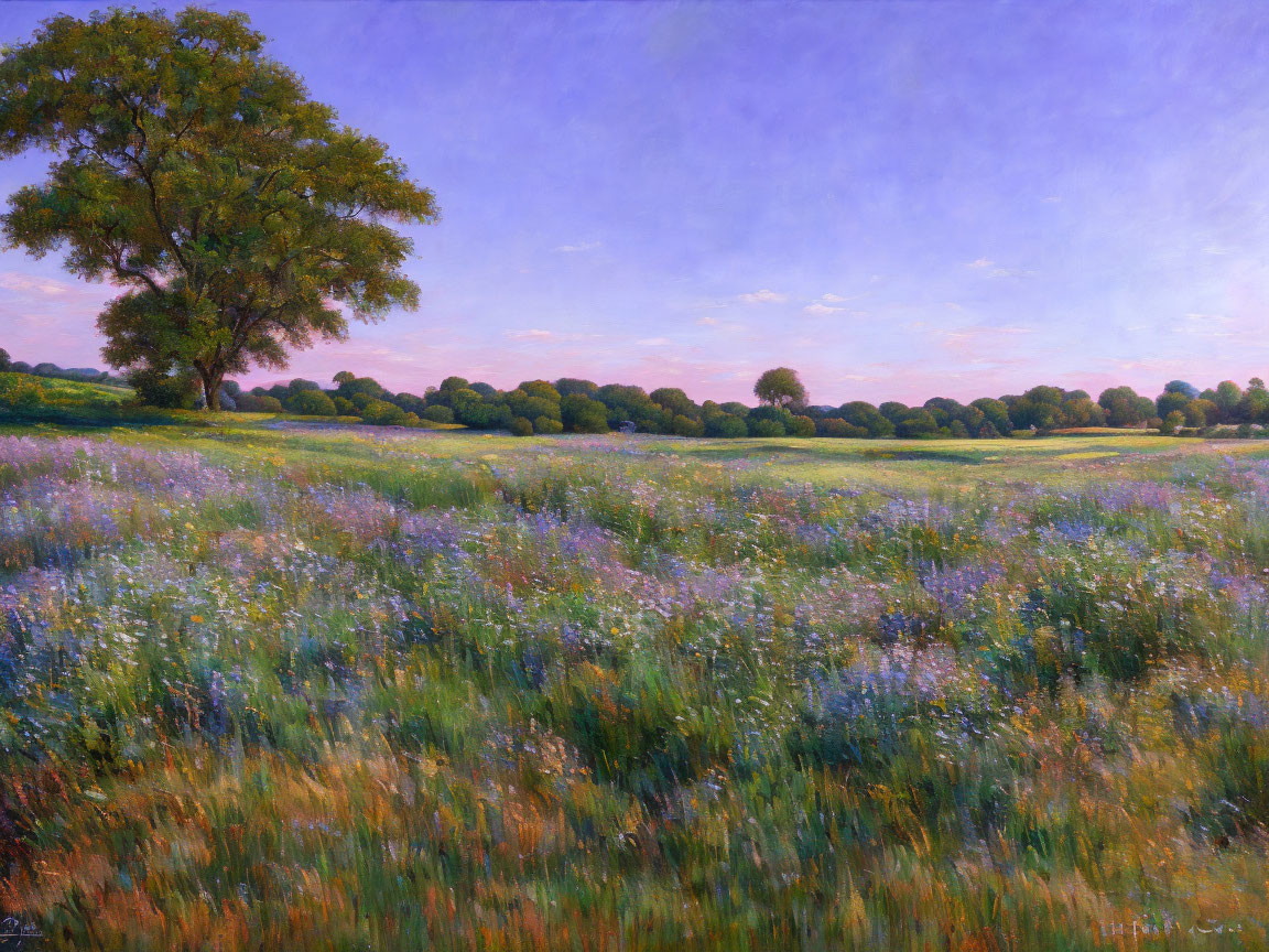 Tranquil landscape with large tree, purple wildflowers, and soft purple-tinted sky