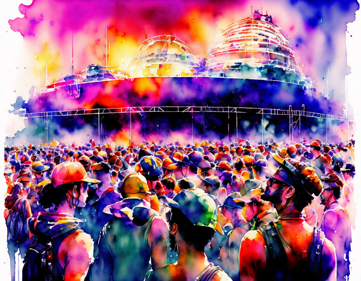 Crowded festival scene with attendees in hats and colorful spherical structures.