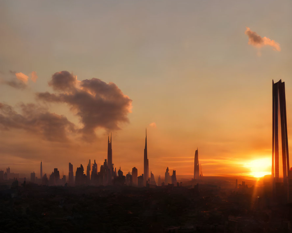 Futuristic city skyline silhouette at golden sunrise.