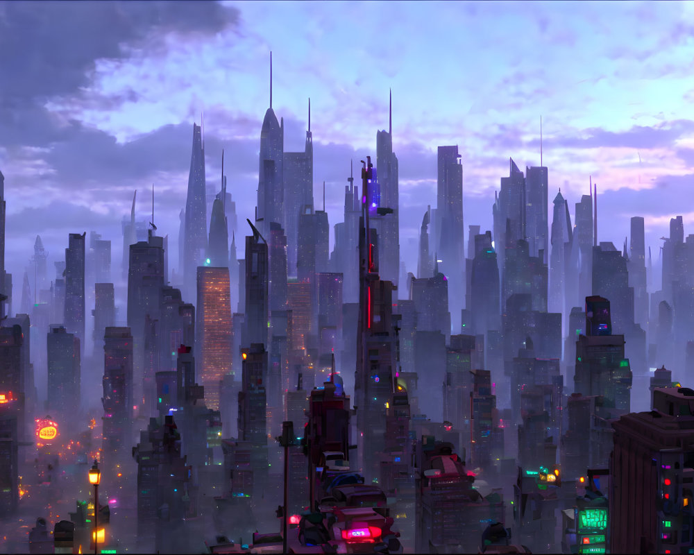 Futuristic cityscape with towering skyscrapers and neon lights