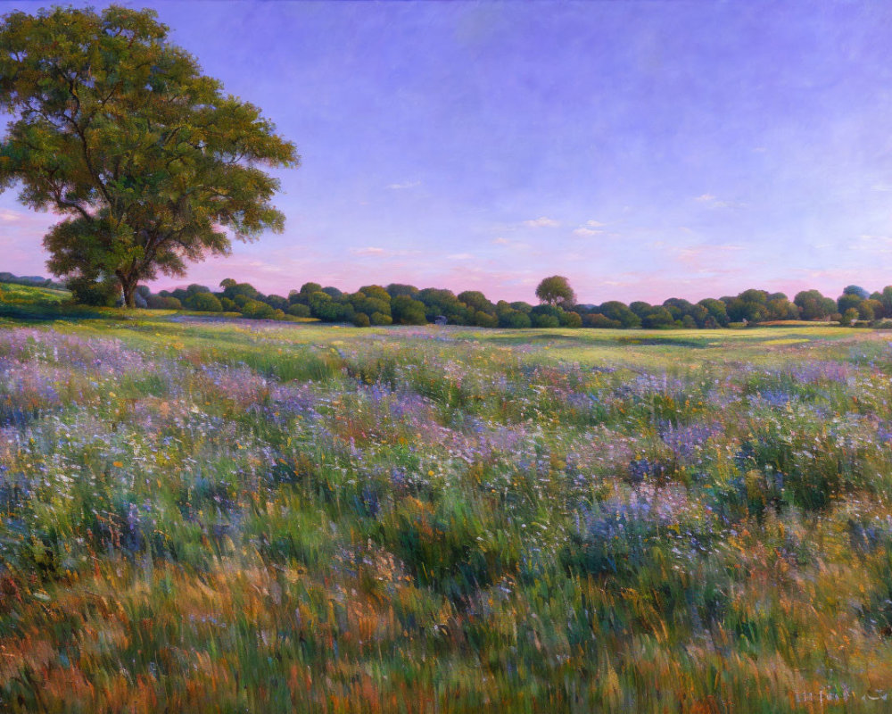 Tranquil landscape with large tree, purple wildflowers, and soft purple-tinted sky