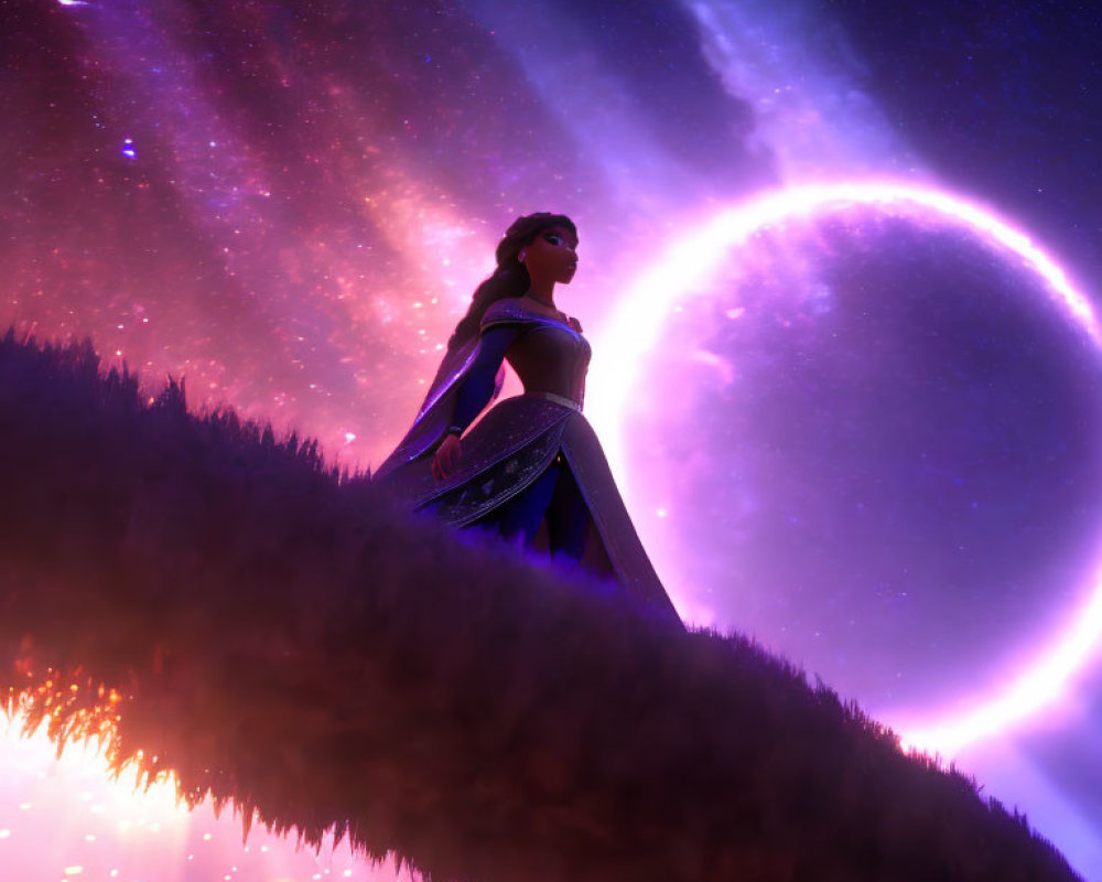 Stylized animated female character on grassy hill under surreal night sky