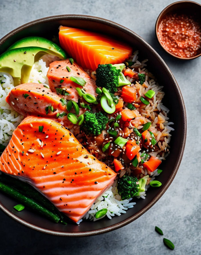 Salmon and Avocado Rice Bowl with Broccoli and Green Beans