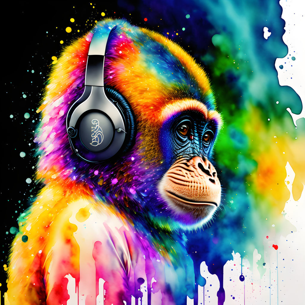 Colorful Monkey Artwork with Rainbow Splatters and Headphones