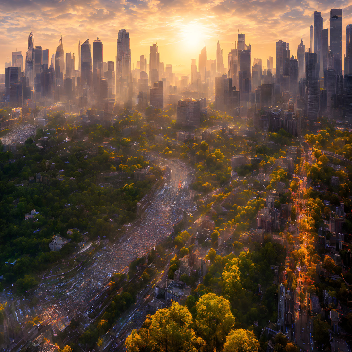 Sunlit cityscape with towering skyscrapers and green park viewed from above