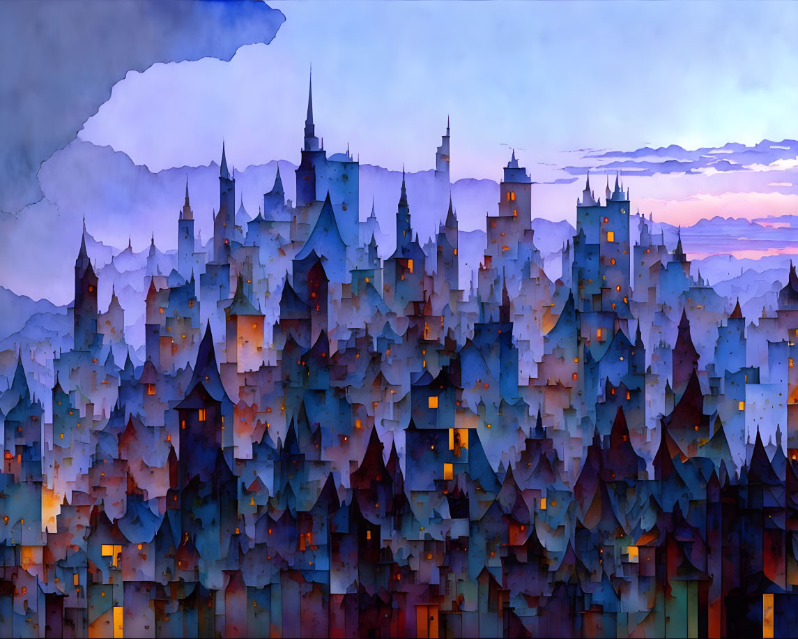 Fantastical dusk cityscape with glowing windows and spire-topped buildings