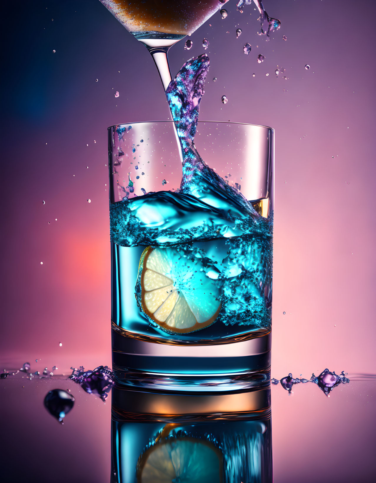 Transparent liquid poured into glass with lemon slice and colorful background.