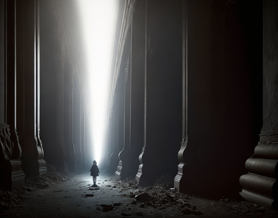 Person in Silhouette at Column-Lined Hall Entrance