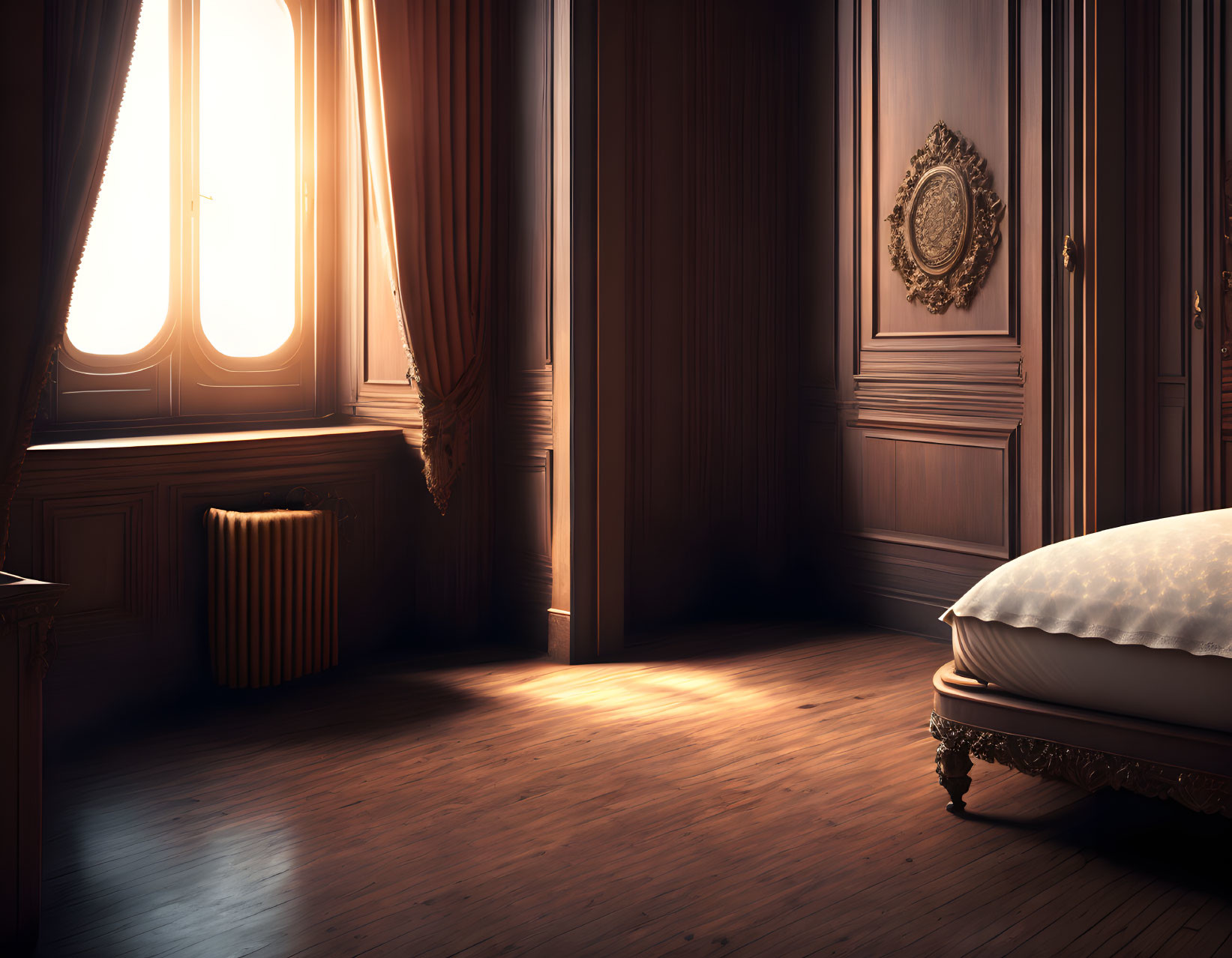 Vintage Bedroom with Sunlit Window and Luxurious Bed