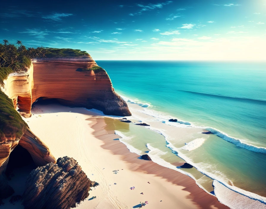 Tranquil beach scene with towering cliff and gentle waves