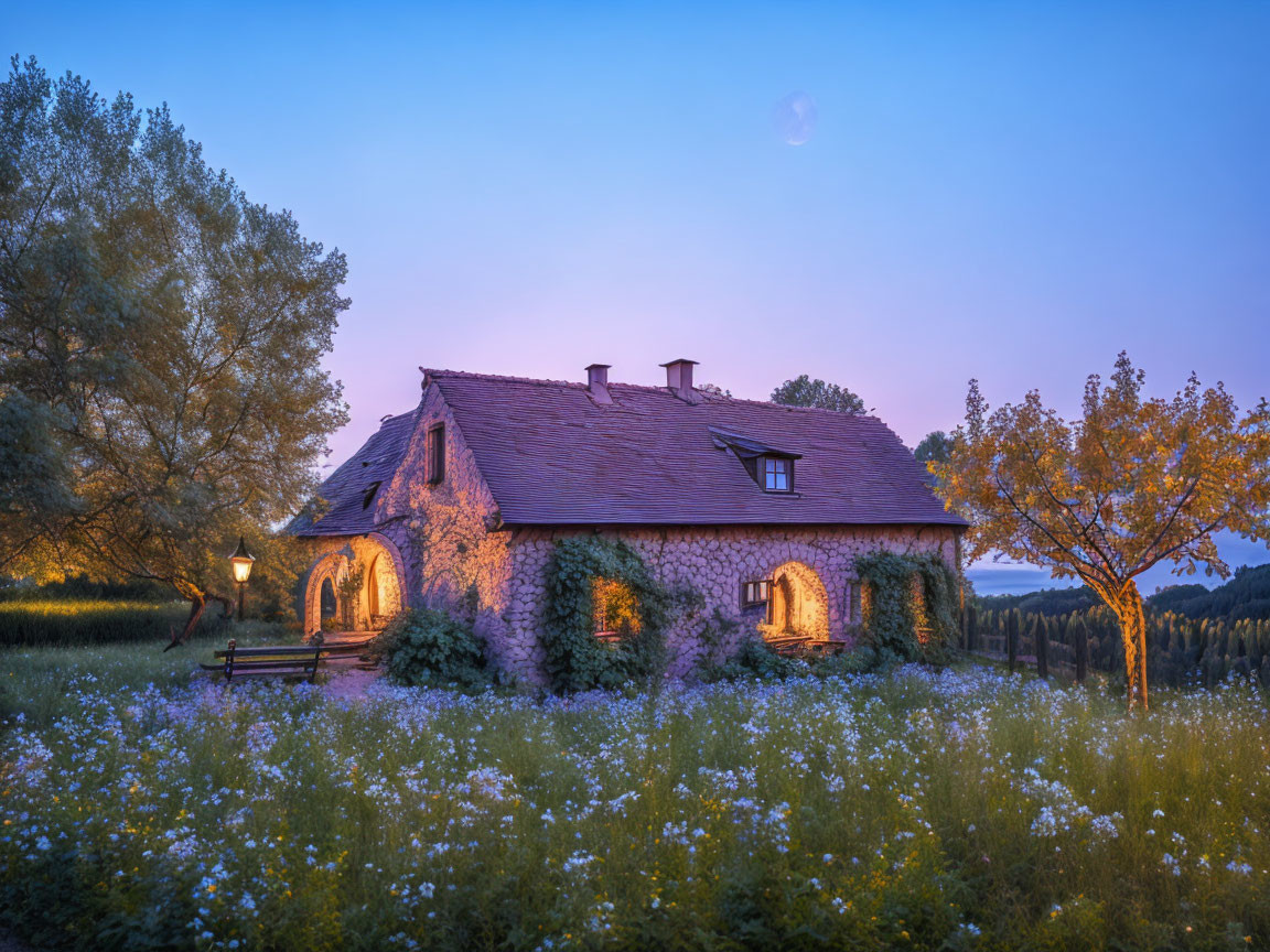 Ivy-covered cottage amidst wildflowers under crescent moon