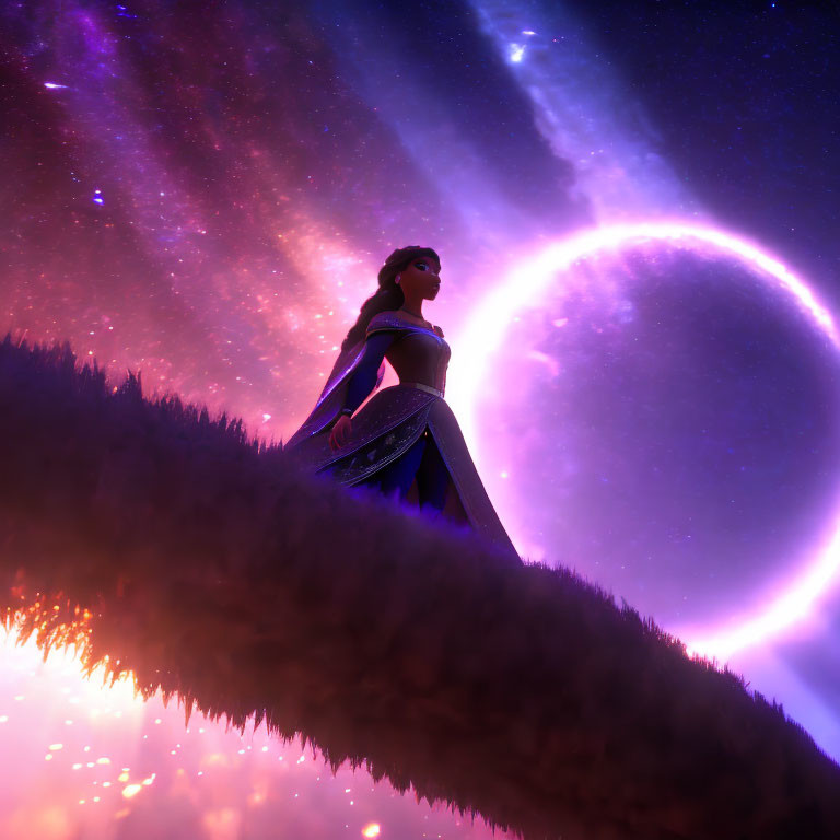 Stylized animated female character on grassy hill under surreal night sky